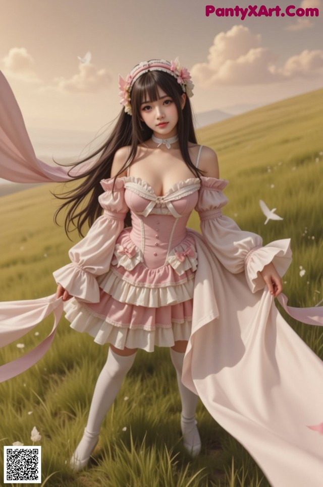 A woman in a pink dress standing in a field.