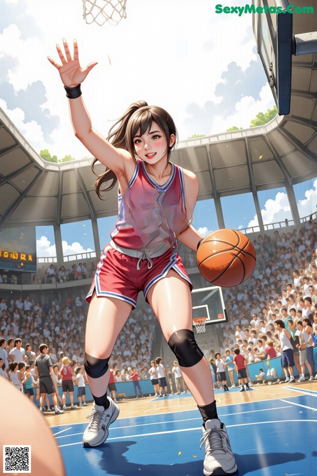 A woman in a basketball uniform holding a basketball in front of a crowd.