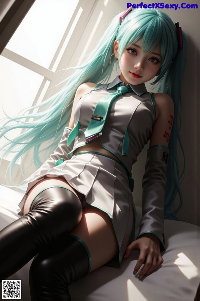 A woman with long blue hair sitting on a bed.